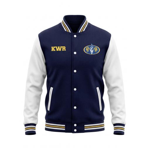 Navy varsity jacket with white sleeves, gold striped trims and embroidered school crest