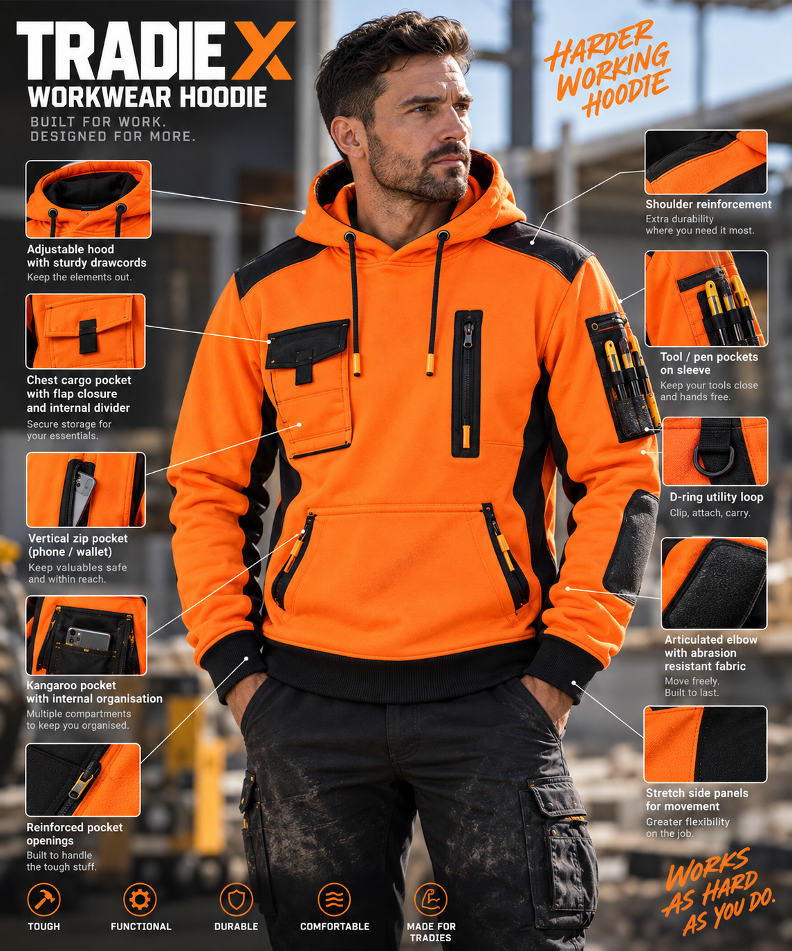 Fluoro orange Tradie X workwear hoodie