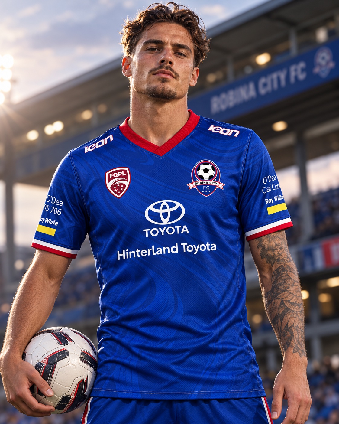 Football player wearing a blue ICON Robina City FC jersey