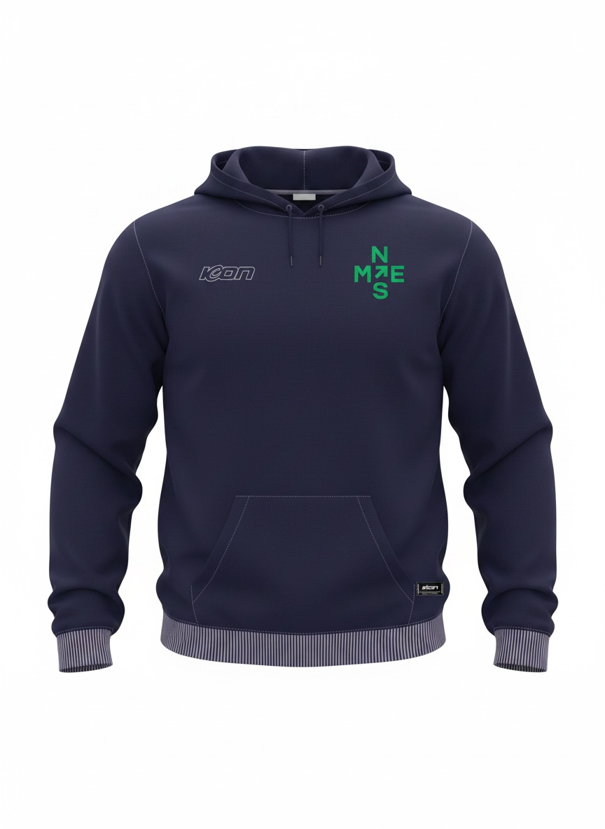 Navy ICON hoodie with green chest branding and a front pouch pocket