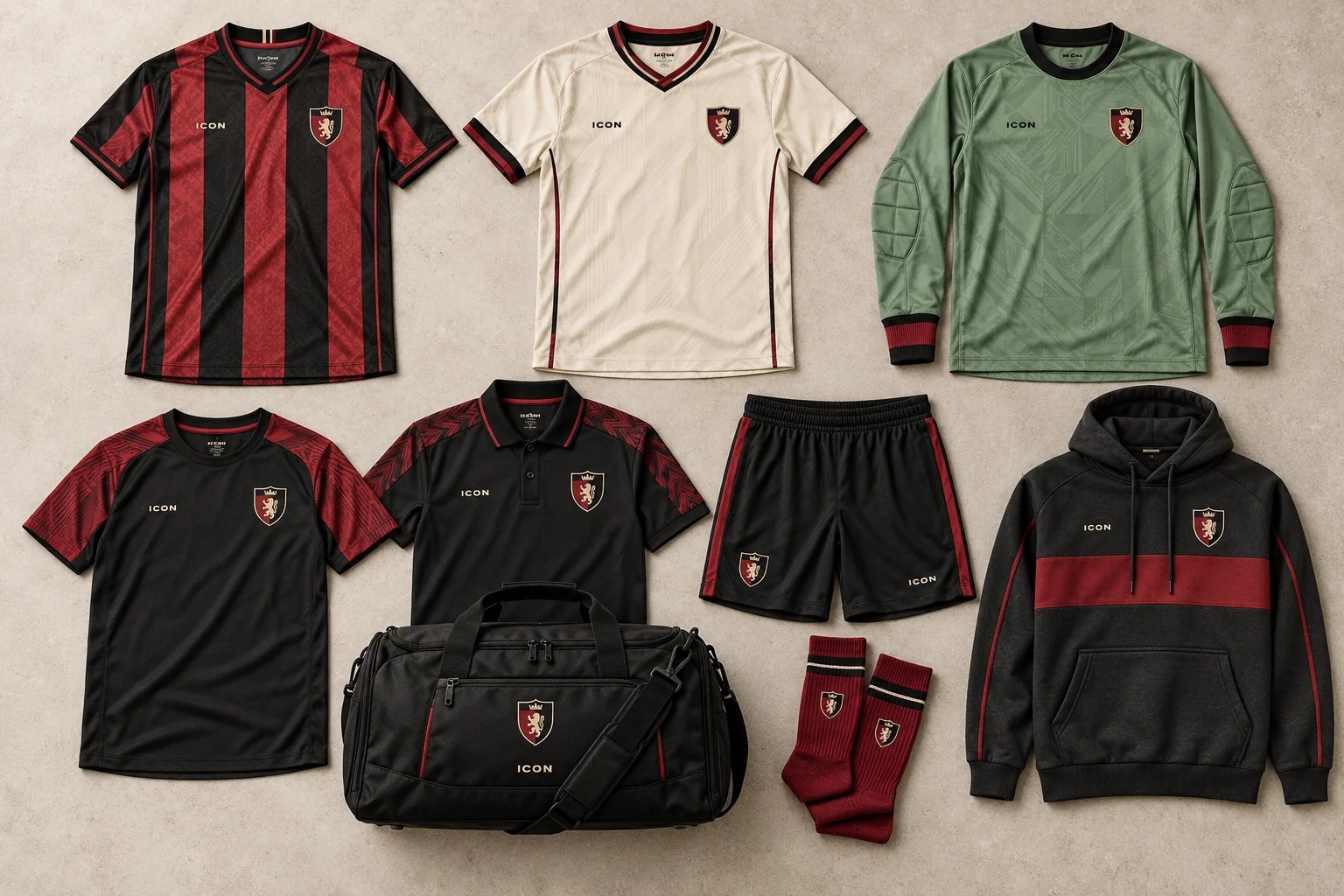 Fictional Icon United collection: home and away jerseys, goalkeeper kit, training top, polo, hoodie, shorts, socks and bag