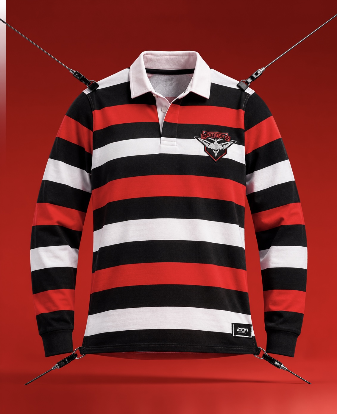 ICON red, black and white striped rugby top with embroidered crest
