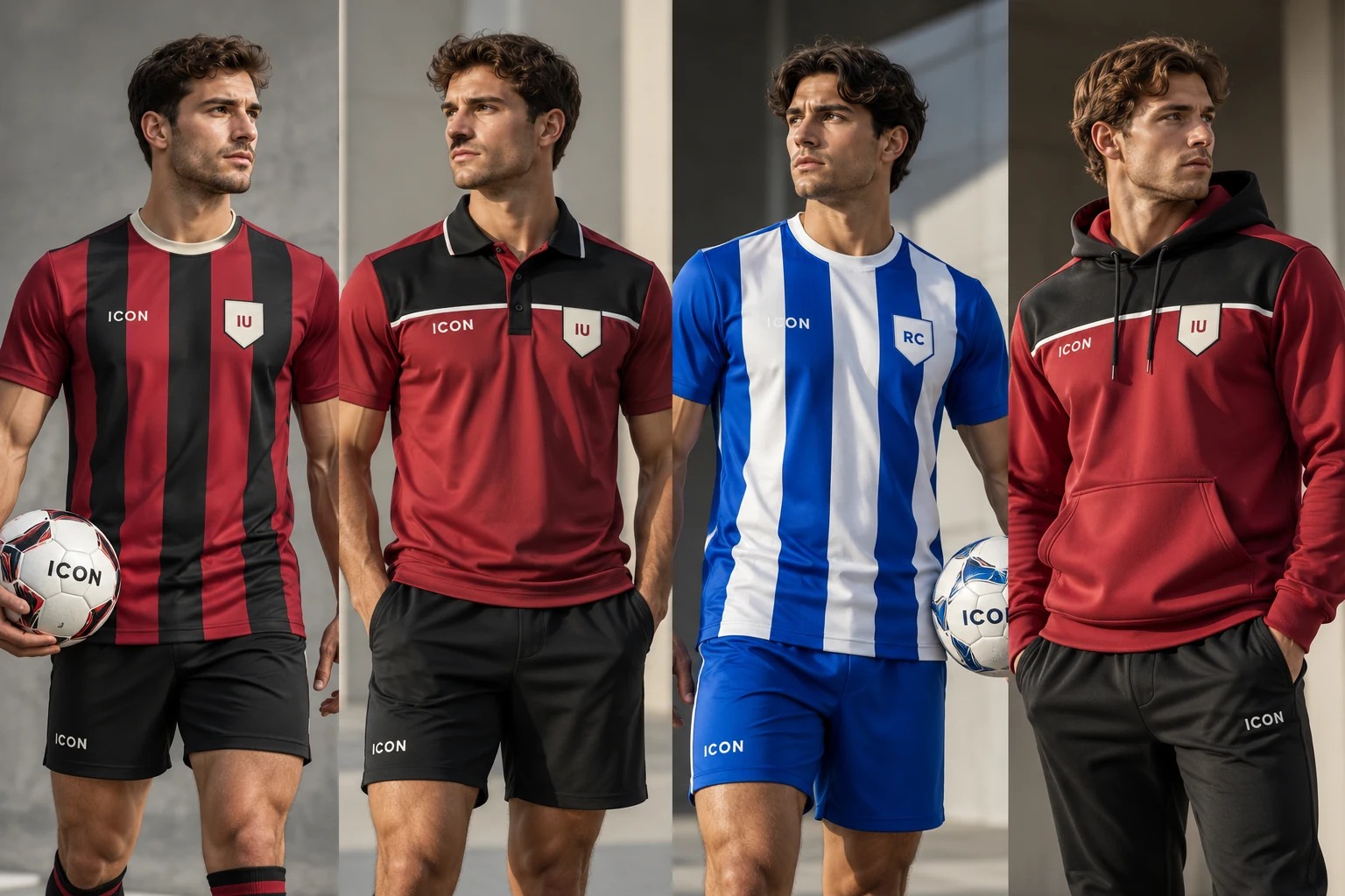 ICON football model range showing the burgundy home jersey, club polo, blue-white jersey and club hoodie