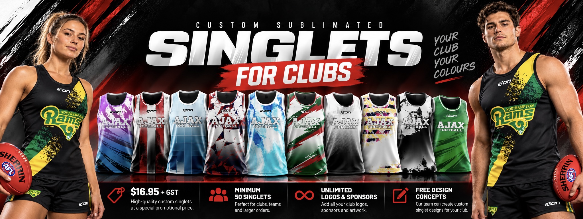Icon Sports custom sublimated singlets for clubs, showing male and female footballers, ten singlet designs, and the special offer
