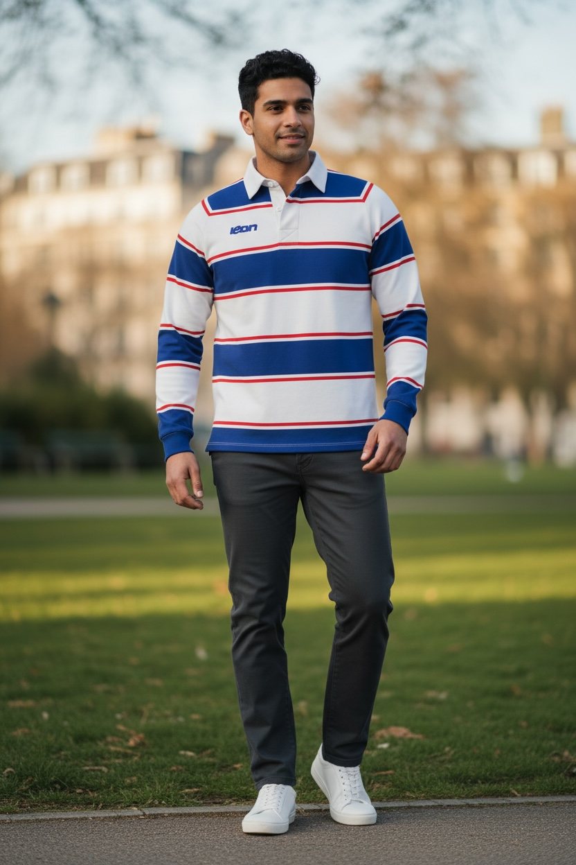 Model wearing an ICON blue, white and red striped leavers rugby top