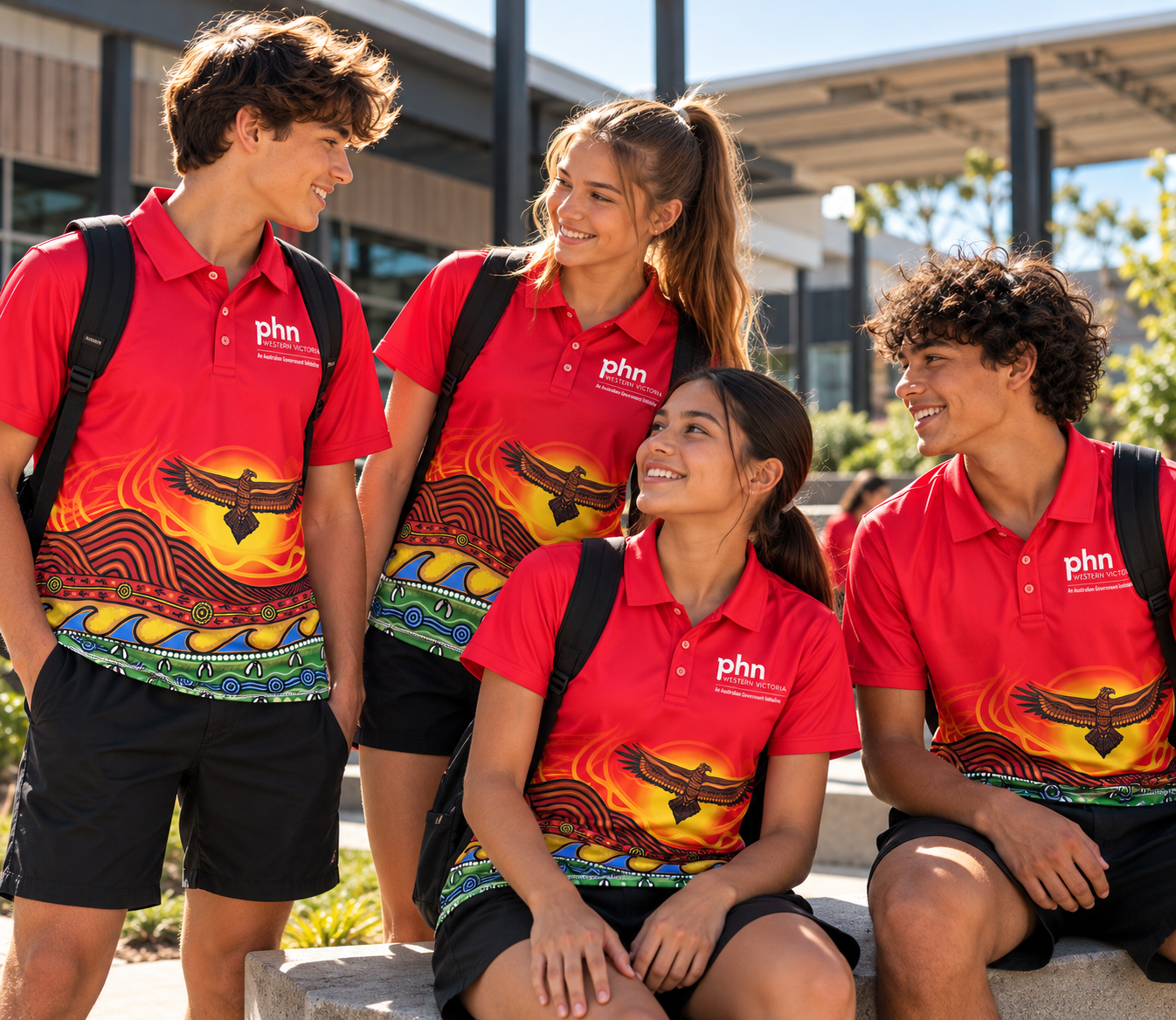 Group of four wearing matching red polos