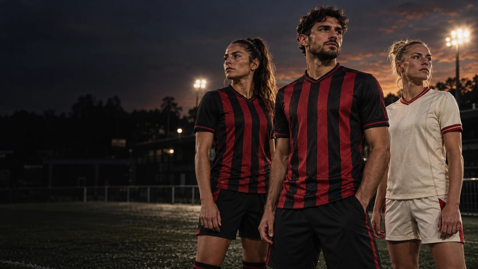 Concept football players wearing coordinated black-red home and cream away kits under floodlights