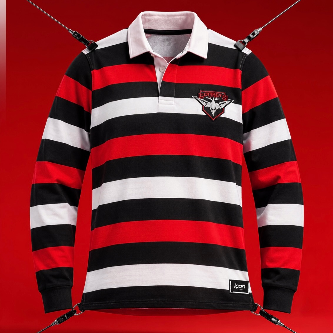 Red, black and white striped club rugby shirt with ICON branding