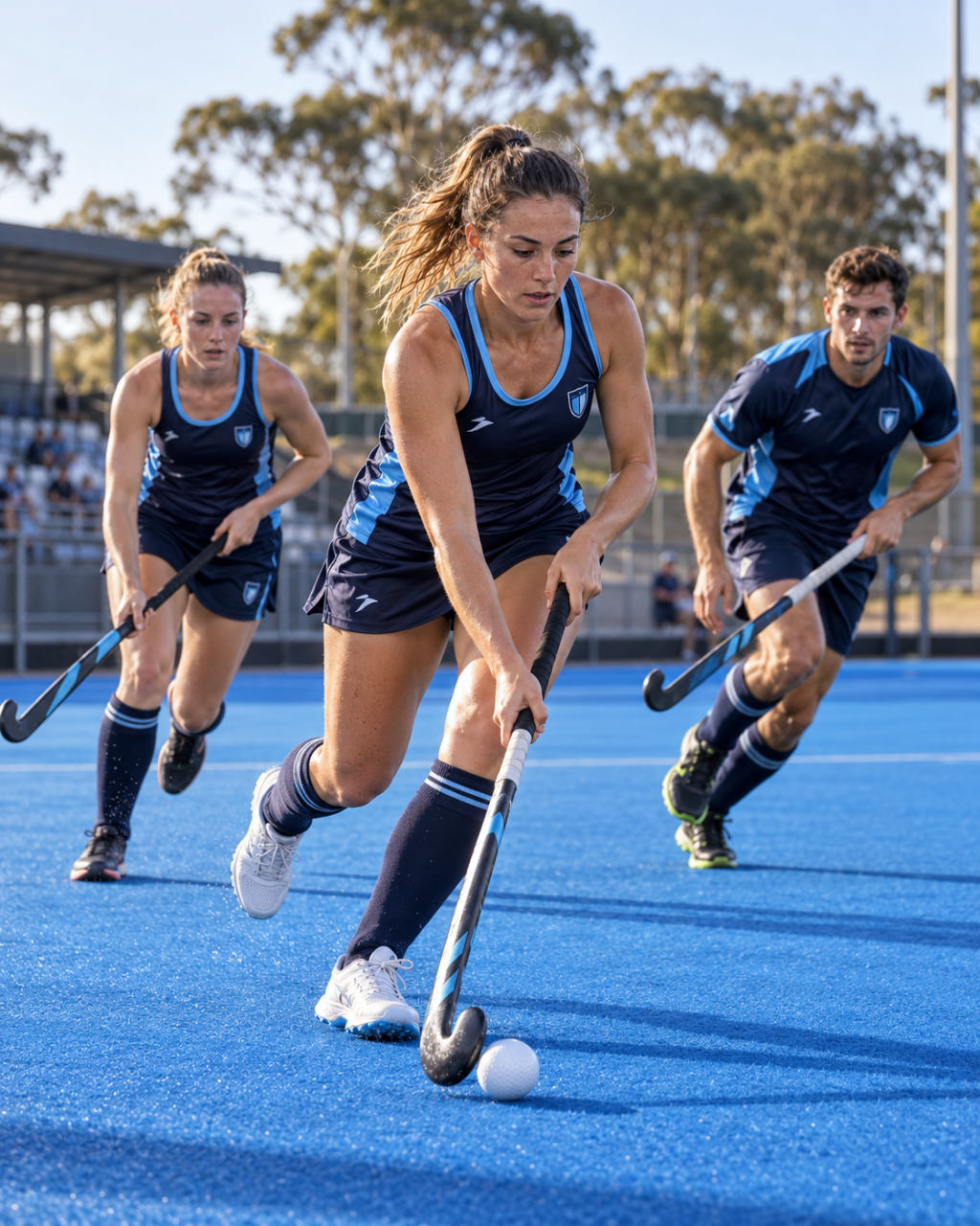 Field hockey players in coordinated navy and blue teamwear during match play