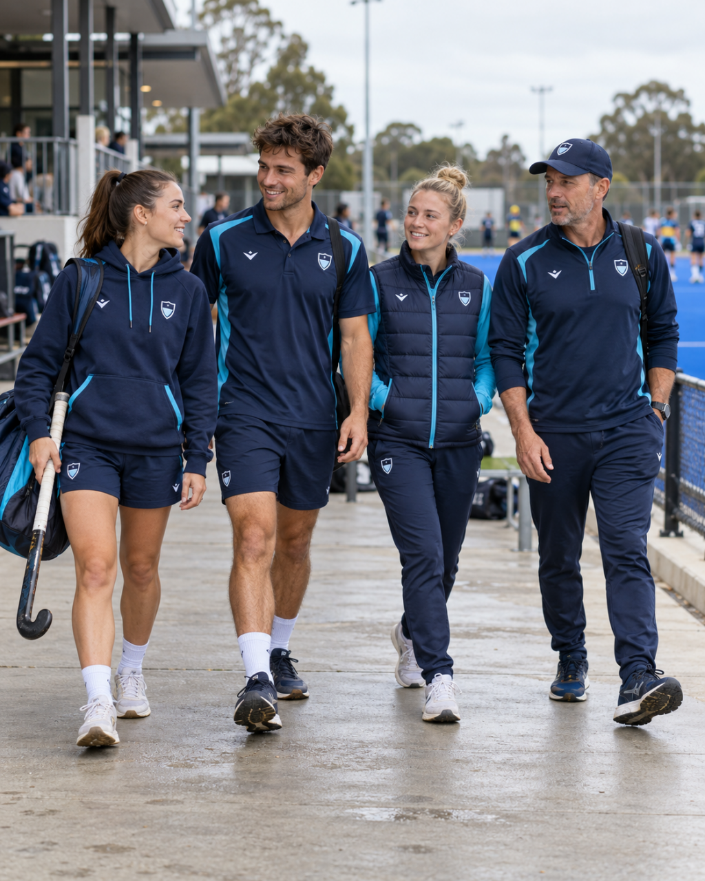 Hockey players and coach walking in coordinated navy and blue clubwear