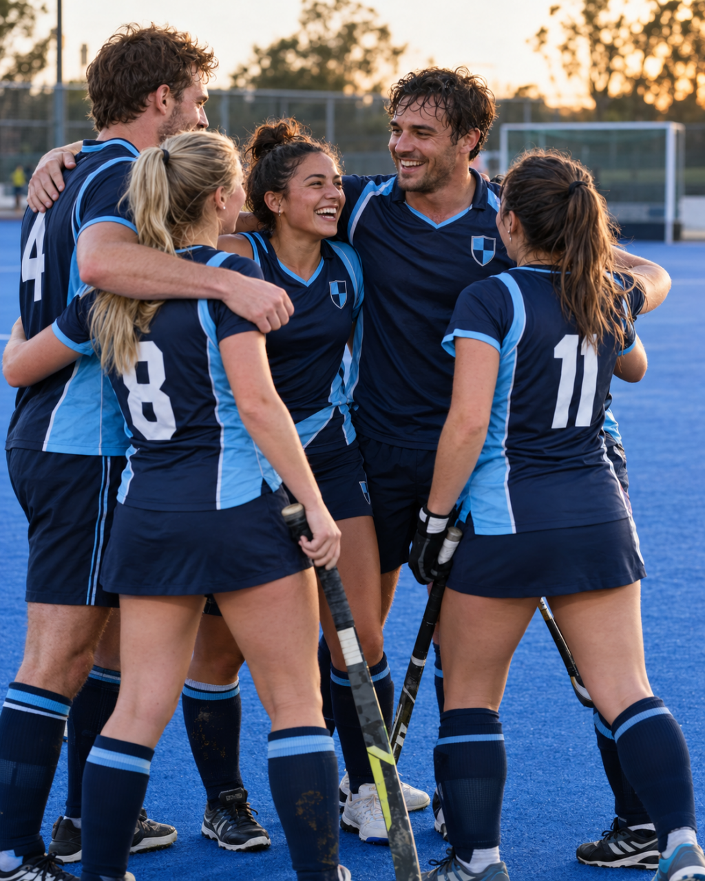 Mixed hockey team celebrating together on a blue field