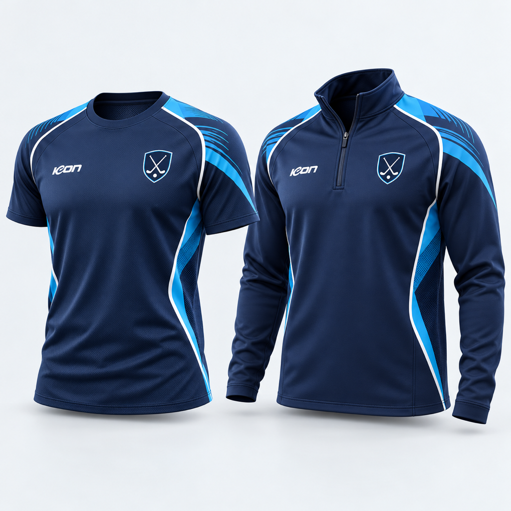 3D render of coordinated navy and blue ICON hockey training gear