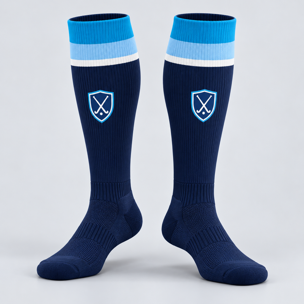 3D render of long navy and blue ICON hockey socks