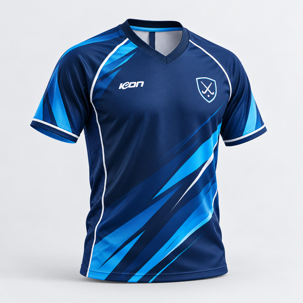 3D render of a custom navy and blue ICON hockey jersey
