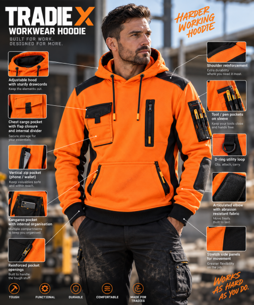 Fluoro orange Tradie X workwear hoodie